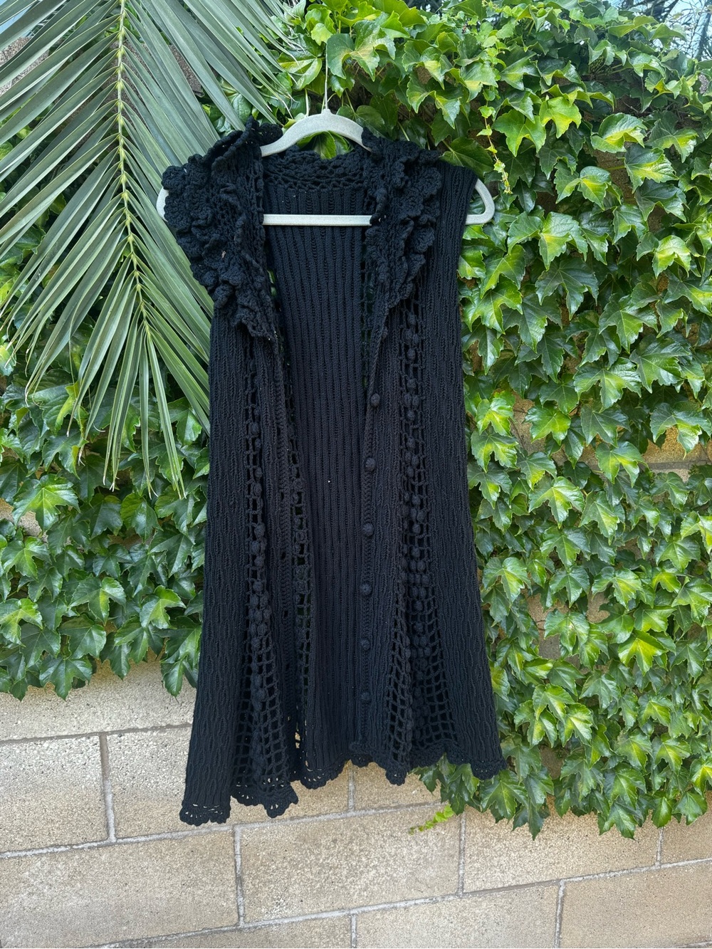 Black Crocheted Long Vest with Floral Collar